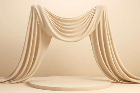 Showcase your products in style with this elegant 3D display podium. The beige silk cloth curtain adds a touch of luxury and sophistication. Generative AIの素材