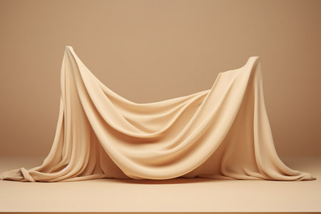 Showcase your products in style with this elegant 3D display podium. The beige silk cloth curtain adds a touch of luxury and sophistication. Generative AIの素材