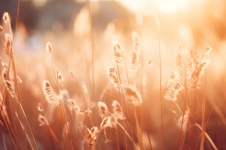 The beauty of wild grass in a forest at sunset. The golden hour light illuminates the grass. Generative AIの素材