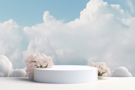 Showcase your products and professional way with this 3D blank white podium decorated with flowers on a clouds and fog sky background. Generative AIの素材