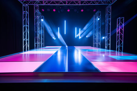 Neon pink and blue lights dance across a sleek dance floor stage backdrop, perfect for nightclubs, concerts, or any event that craves a vibrant atmosphere. Generative AIの素材