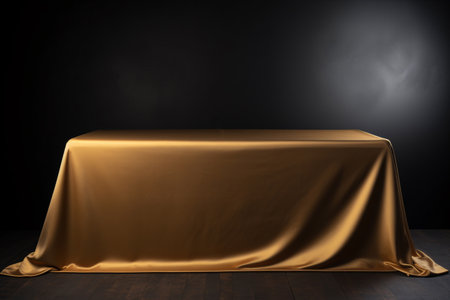 3D podium adorned with a flowing gold fabric wave on black background. Perfect for branding, product presentations, and more. Generative AIの素材