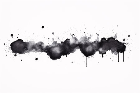 Elegant black ink drops creating dynamic contrasts on a pristine white backdrop. monochrome art with artistic splashes, offering a contemporary, creative. Generative AIの素材