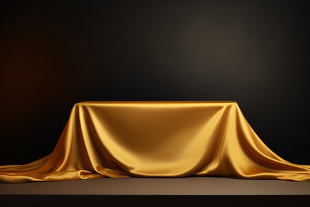 3D podium adorned with a flowing gold fabric wave on black background. Perfect for branding, product presentations, and more. Generative AIの素材