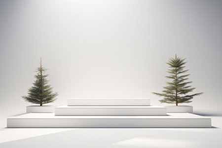 Product presentation with this minimal stage mockup featuring white podiums on a beige background and soft shadows of pine trees. Perfect for showcasing cosmetics, perfume, jewelry. Generative AIの素材