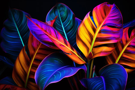 A stunning tropical leaves pattern in fluorescent neon colors, perfect for summer backgrounds, wallpaper, fabric, and more. Generative AIの素材