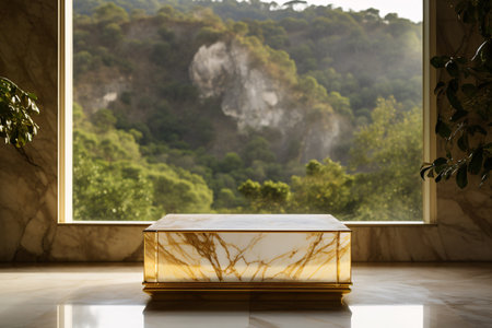 Minimalist marble podium mockup. Sunlight streams through a large window, casting warm reflections on the polished surface of the table and podium. Generative AIの素材