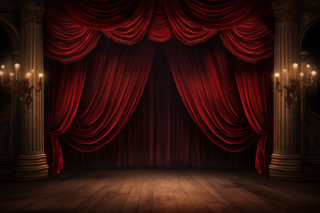 Classic red theater velvet curtains framing a vintage magic stage. Perfect for evoking mystery. Generative AIの素材
