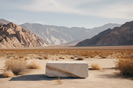 A marble podium set against a backdrop of rugged desert mountains. Ideal for branding, presentations, or showcasing products in a breathtaking natural setting. Generative AIの素材