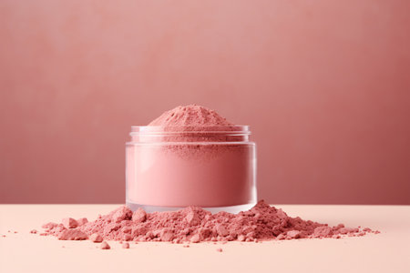 Showcase your natural makeup brand with this stunning mockup of a clay blush powder in a jar. Soft pink hues and a realistic design. Generative AIの素材