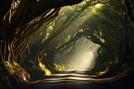 Sunlight beams dance through a tunnel of trees, casting a warm glow on the colorful foliage. Generative AIの素材