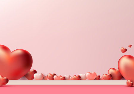 Valentine's Day products shine with this photorealistic 3D podium mockup. Featuring a pink platform adorned with hearts. Vector illustrationのイラスト素材