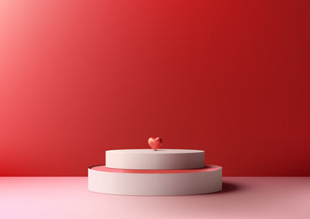 Valentine's Day display with this 3D white podium mockup. Red Heart glossy on podium, perfect for showcasing products, brands, or romantic messages. Vector illustrationのイラスト素材