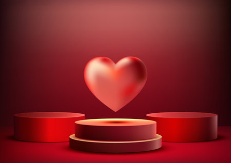 Valentine's Day display with set of 3D red podium mockup. Red Heart glossy on podium, perfect for showcasing products, brands, or romantic messages. Vector illustrationのイラスト素材