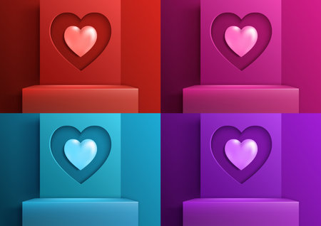 Happy valentine day set of 3D realistic vibrant podium platform with heart on bright color background. You can use for product display mockup for lover. Vector illustrationのイラスト素材