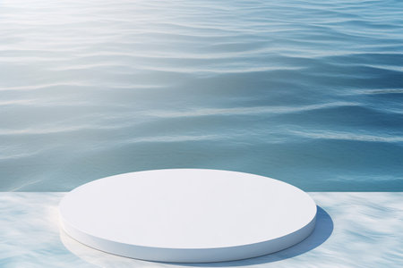 Product display mockup of a white podium floating on a tranquil pool of water. Perfect for cosmetics, jewelry. Generative AIの素材