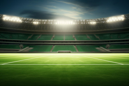 Empty stadium bathed in the glow of spotlights. This photo of a colossal green arena under a twilight sky is perfect for sports, architecture, and urban themes. Generative AIの素材