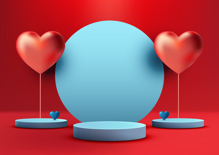 Valentine's Day products display, 3D blue podium mockup adorned with red and blue hearts elements on red background. Vector illustrationのイラスト素材