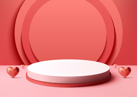 Valentine's Day product presentations 3D white and red podium mockup set the stage for love decoration with hearts elements and circle backdrop on red background. Vector illustrationのイラスト素材
