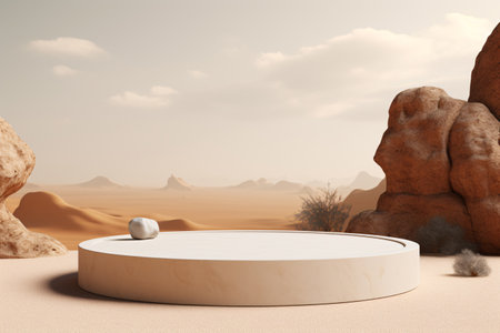 3D realistic podium is displayed on a desert sand beach background. The minimal style of the podium makes it a versatile prop for a variety of product or fashion shots. Generative AIの素材
