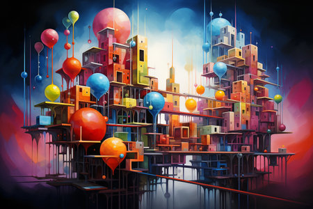 3D abstract structure artwork featuring vibrant geometric shapes. Ideal for modern backgrounds, websites, marketing materials, and more. Generative AIの素材