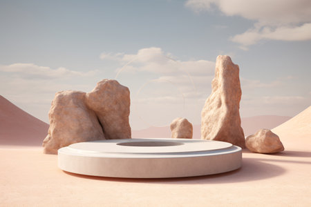 3D realistic podium is displayed on a desert sand beach background. The minimal style of the podium makes it a versatile prop for a variety of product or fashion shots. Generative AIの素材