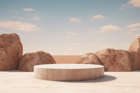 3D realistic podium is displayed on a desert sand beach background. The minimal style of the podium makes it a versatile prop for a variety of product or fashion shots. Generative AIの素材