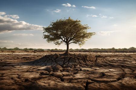 A lone tree standing tall in cracked earth. This photo symbolizes hope and resilience in the face of drought and climate change. Generative AIの素材