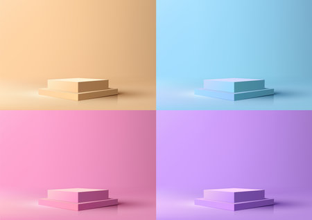 3D stack of pastel colors boxes on an abstract soft background. The minimal geometric shapes create a sense of simplicity and elegance. Vector illustrationのイラスト素材