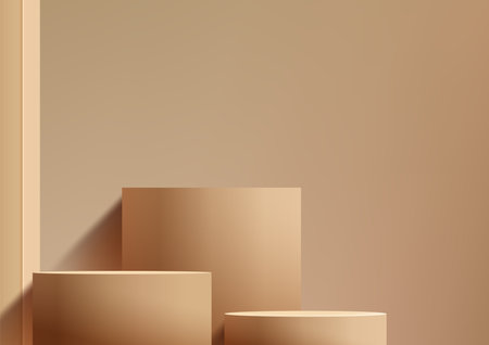 3D brown three podiums in various sizes sits on a beige background, Minimal style, Product display, Mockup, Showcase, Showroom presentation. Vector illustrationのイラスト素材