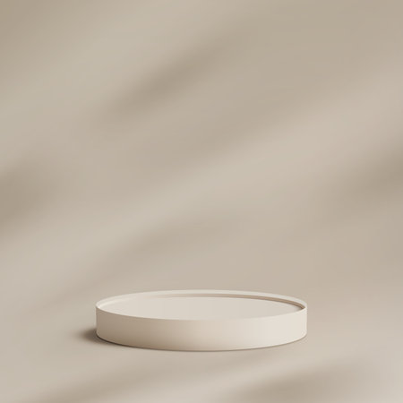 Showcase your products with this minimalist 3D podium. Clean white platform on a beige background with a subtle leaf shadow adds a touch of nature. Vector illustrationのイラスト素材