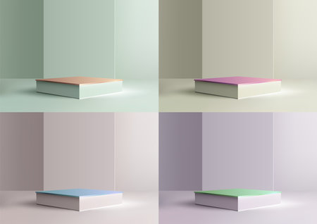 3D white box podium with colors top on white table against pastel wall background. Vector illustrationのイラスト素材