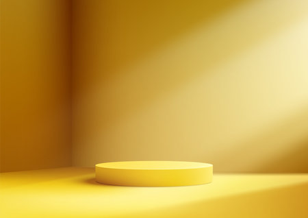 A vibrant yellow podium illuminated by a soft, warm light in a minimalist room with a smooth gradient background, creating a serene and inviting atmosphereのイラスト素材