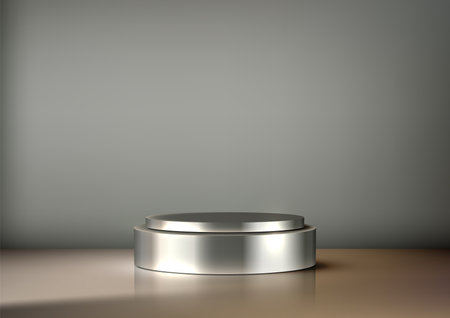 3D Stainless Steel Metal Podium on Wooden Table with Gray Wall Background for Product Display, Modern Mockup, Industrial Conceptのイラスト素材