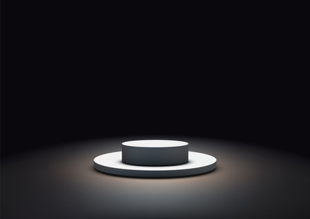Spotlight Illuminated White Podium for Product Display, Mockup, and Showcase in Dark Room Background, Elegant and Modern Design Template for Showroom Exhibitionのイラスト素材