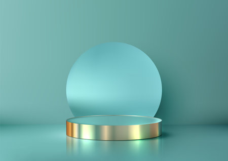 Luxury 3D Blue Round Podium with Gold Rim and Circle Backdrop on Soft Blue Background, Ideal for Modern Product Display, Mockup, Showroom, and Visual Showcaseのイラスト素材