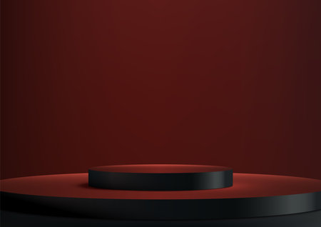 3D Black Podium on Red Background for Modern Product Display, Technology Mockup, and Showroom Showcaseのイラスト素材