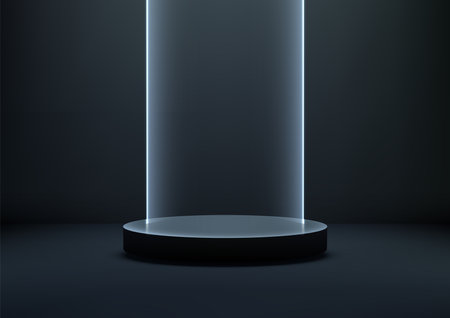 Futuristic Technology Style, Glass Cylinder with Neon Light on Dark Platform in Dark Room, Ideal for Product Display, Mockup, Showroom, Showcaseのイラスト素材