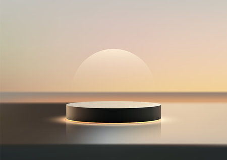Mockup of a 3D Circular Platform Illuminated at Sunrise, Minimalist Product Display in Soft Gradient Background for Modern Showcase, Nature Inspired Showroom, and Elegant Presentationsのイラスト素材