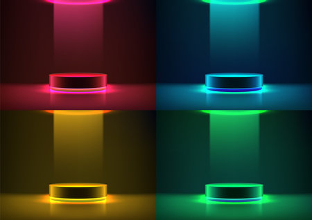 Futuristic 3D Neon Color Podium with Illuminated Neon Light for Technology Product Presentation and Elegant Mockup Displayのイラスト素材