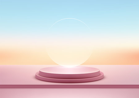 3D pastel pink podium on a pink platform with a circular glass backdrop set against a dreamy sky, creating a modern and elegant product display for mockups and showroomsのイラスト素材