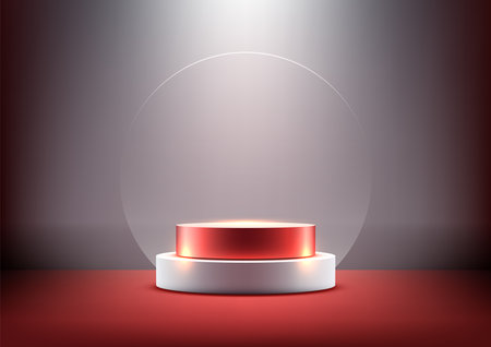 3D red cylinder podium on a white base with a translucent circle above set against a red background. Award ceremony displays, product showcases, and mockupsのイラスト素材