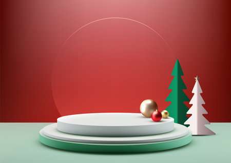 A festive 3D Christmas scene with white podium, pine trees, and gold ornaments on a vibrant red background. Ideal for holiday mockups, product displays, festive showcase designsのイラスト素材