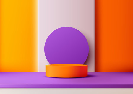 Vibrant 3D orange pedestal sits on a purple surface with a colorful striped background, mockup scene. product displays, showcases, and modern brandingのイラスト素材