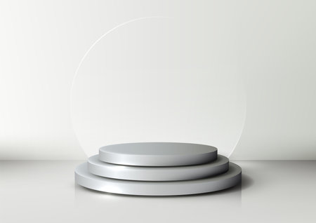 3D circular silver podium with three tiers on a clean white background, transparent circle backdrop. Elegant product displays, showroom showcases, and modern branding conceptsのイラスト素材