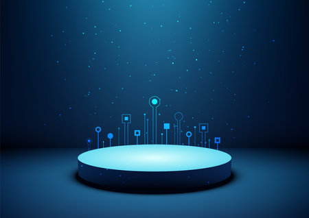A modern 3D blue stage with illuminated circuits offers a sleek technology concept. Perfect for showcasing innovation, digital displays, and futuristic techのイラスト素材