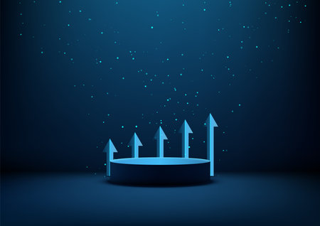 3D glowing blue pedestal with upward arrows, symbolizing growth and progress in business concepts. Corporate marketing, futuristic showcases, and professional product displaysのイラスト素材