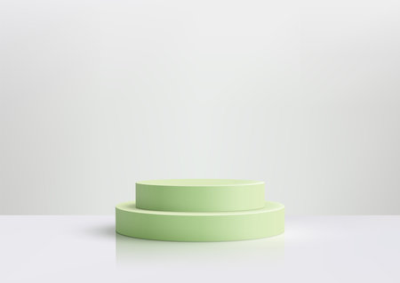 Minimalist 3D design featuring a green podium set against a clean white background. Modern product mockups, branding visuals, and elegant showroom showcase conceptsのイラスト素材