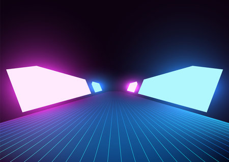 futuristic glowing blue cylinder podium stands on a purple platform, emitting bright light beams, perfect for technology concepts, product displays, and modern mockups in a minimalist designのイラスト素材