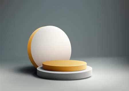minimalist 3d golden cylindrical platform rests on a white base with an abstract gold outlined circle backdrop, modern product mockups, luxury branding, or sleek presentation conceptsのイラスト素材